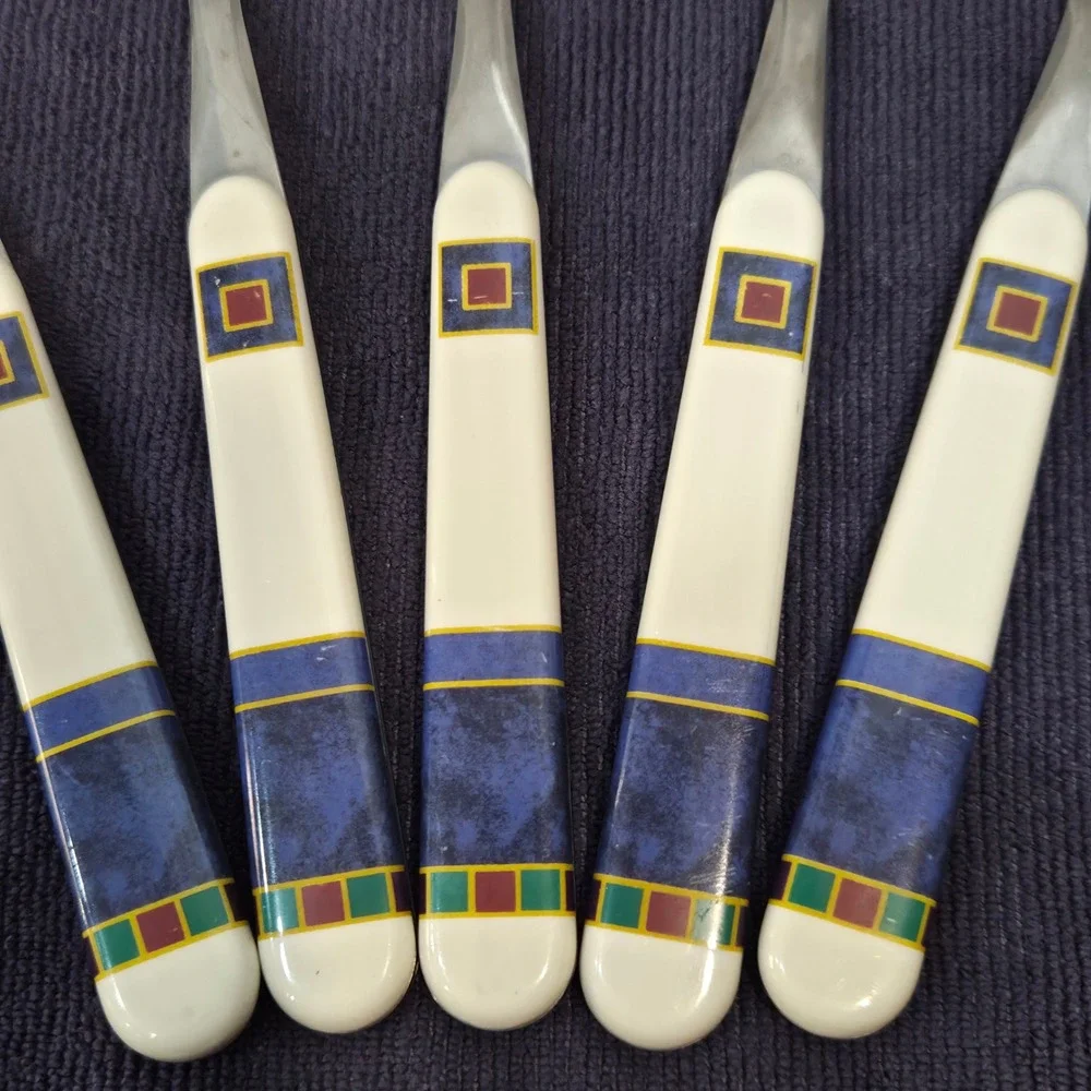 Pfaltzgraff Atalya Stainless Tablespoons Colbalt/Cream Geometric Set/5 Vintage